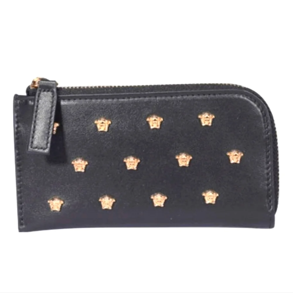 VERSACE Black All Over Medusa Stud Zip Card Holder Wallet